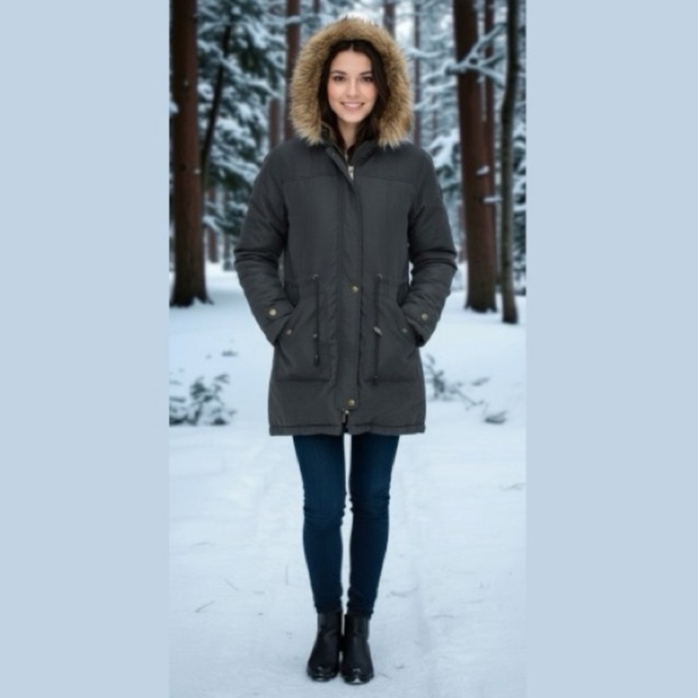 Beyove Coat Charcoal Hooded Parka Utility Cargo Faux Fur Trim & Lining Women’s M - Picture 4 of 16